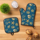 Blue Beach Gold Sea Shells Ovenwant & Pannenlap Set (Top down)