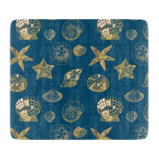 Blue Beach Gold Sea Shells Snijplank (Voorkant)