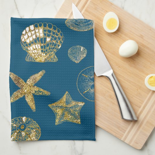 Blue Beach Gold Sea Shells Theedoek (Quarter Fold)