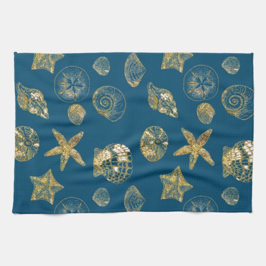 Blue Beach Gold Sea Shells Theedoek (Horizontaal)