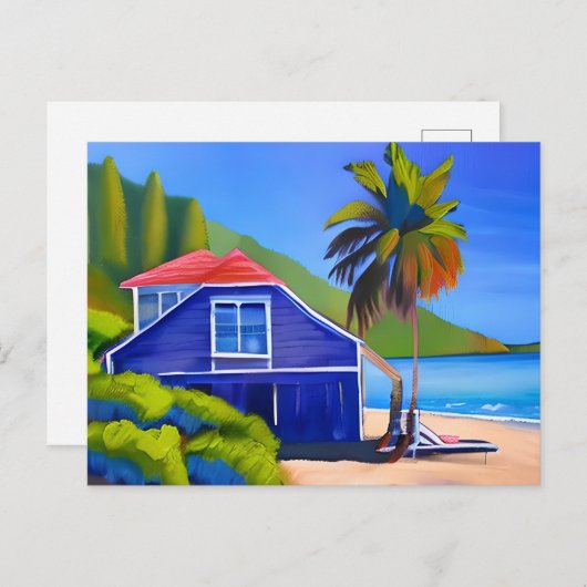 Blue Beach House en Palm Tree | Contact houden Briefkaart (Voorkant / Achterkant)