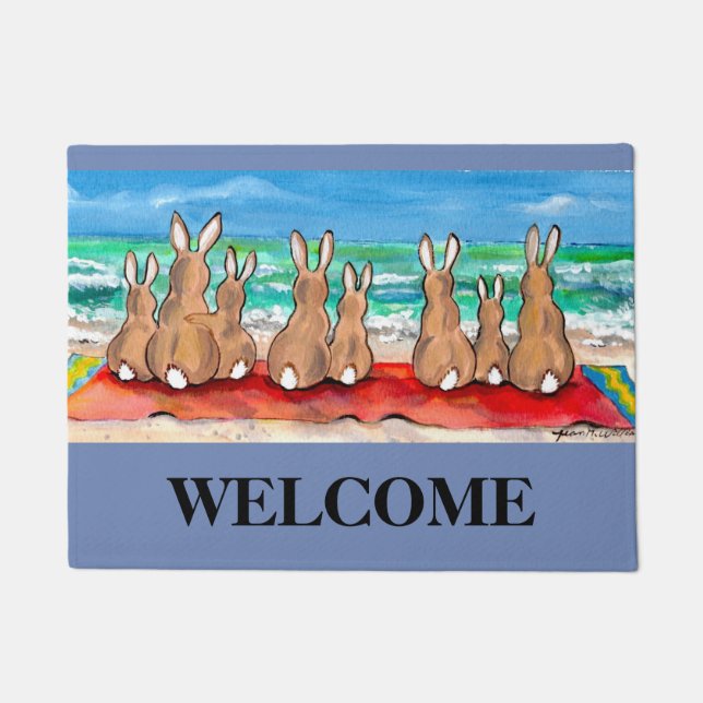 Blue Beach House Rabbit Welcome Mat Personated (Voorkant)