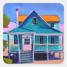 Blue Beach House Vakantie eigenzinnige kunst Vierkante Sticker