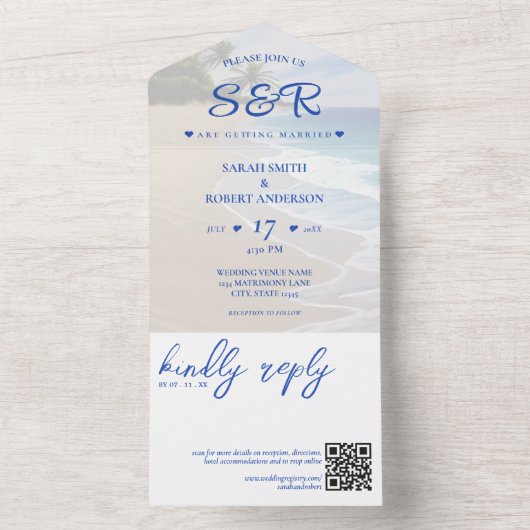 Blue Beach Island Palm Tree Bestemming Bruiloft All In One Uitnodiging (Binnen)