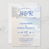 Blue Beach Island Palm Tree Bestemming Bruiloft Kaart (Voorkant)