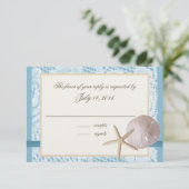 Blue Beach Lace Zanddollar en zeesterren RSVP Kaartje (Staand voorkant)