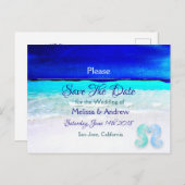 Blue Beach Ocean Thmed Wedding Save the Date Aankondigingskaart (Voorkant / Achterkant)