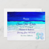 Blue Beach Ocean Thmed Wedding Save the Date Aankondigingskaart (Voorkant / Achterkant)