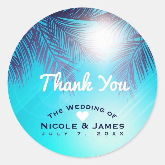 Blue BEACH PARTY Zonnige Palm Trees Verjaardagsgun Ronde Sticker (Voorkant)