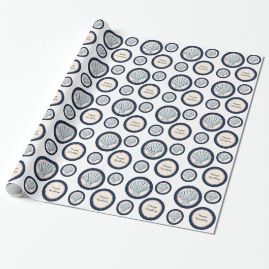Blue Beach Sea Shells Verjaardag Cadeaupapier (Uitgerold)