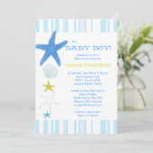 Blue Beach Starfish Gestreepte Baby Boy Baby showe Kaart (Staand voorkant)
