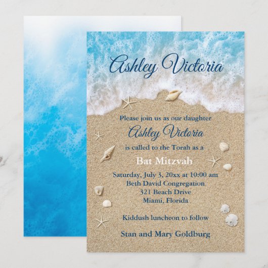Blue Beach Waves Bat Mitzvah Invitation Kaart (Voorkant / Achterkant)