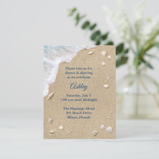 Blue Beach Waves Bat Mitzvah Reception Invitation Kaart (Staand voorkant)