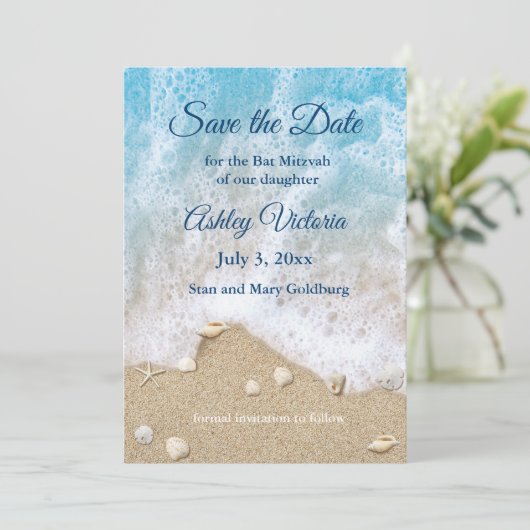 Blue Beach Waves Bat Mitzvah Save the Date Kaart (Staand voorkant)