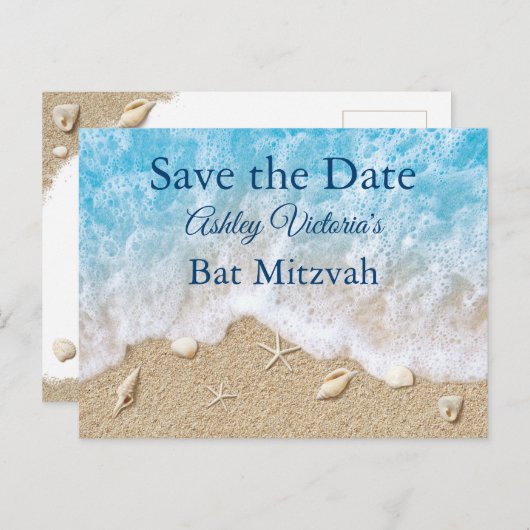 Blue Beach Waves Bat Mitzvah Save the Date Uitnodiging Briefkaart (Voorkant / Achterkant)