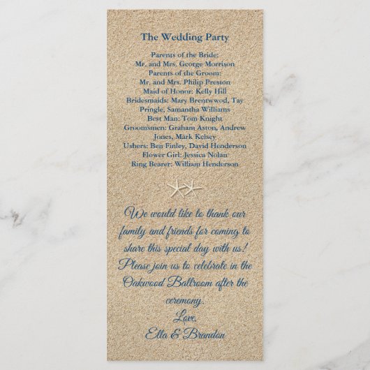 Blue Beach Waves en Starfish bruiloft programma Programmakaart (Achterkant)