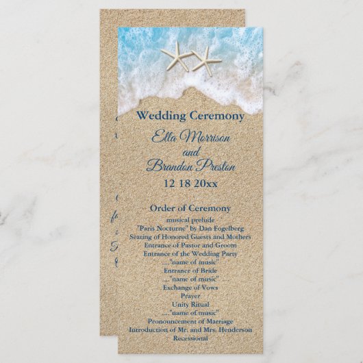 Blue Beach Waves en Starfish bruiloft programma Programmakaart (Voorkant / Achterkant)