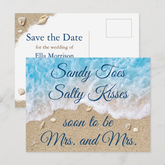 Blue Beach Waves Mrs & Mrs Save the Date Aankondigingskaart (Voorkant / Achterkant)