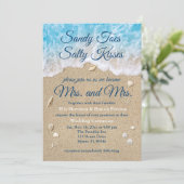 Blue Beach Waves Mrs & Mrs Wedding Invitation Kaart (Staand voorkant)