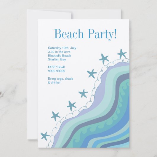 Blue Beach Waves Starfish Summer Party nodiging Kaart (Voorkant)
