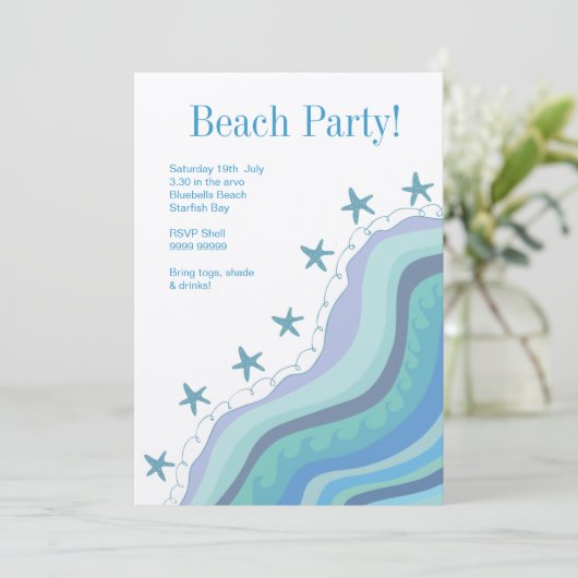 Blue Beach Waves Starfish Summer Party nodiging Kaart (Staand voorkant)