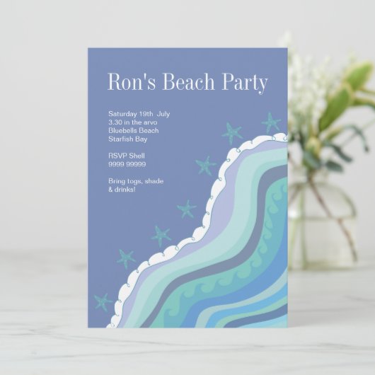 Blue Beach Waves Starfish Summer Party nodiging Kaart (Staand voorkant)