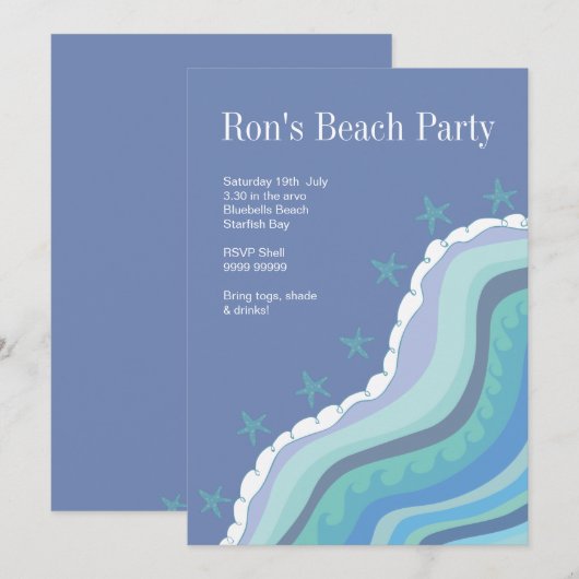 Blue Beach Waves Starfish Summer Party nodiging Kaart (Voorkant / Achterkant)