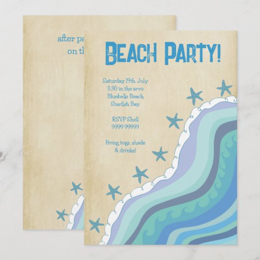 Blue Beach Waves Starfish Summer Party nodiging Kaart (Voorkant / Achterkant)