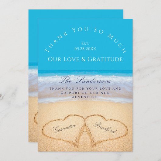 Blue Beach Wedding 2 Harten in het zand Bedankkaart (Voorkant / Achterkant)