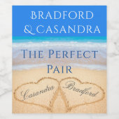 Blue Beach Wedding 2 harten in het zand Wijn Etiket (Enkel label)