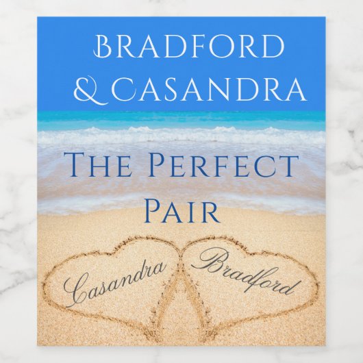 Blue Beach Wedding 2 harten in het zand Wijn Etiket (Enkel label)