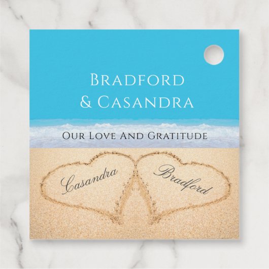Blue Beach Wedding 2 Harten in zand paper P Bedankjes Labels (Achterkant)