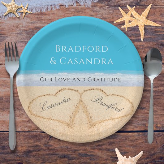 Blue Beach Wedding 2 Harten in zand paper P Papieren Bordje