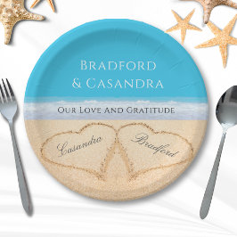Blue Beach Wedding 2 Harten in zand paper P Papieren Bordje