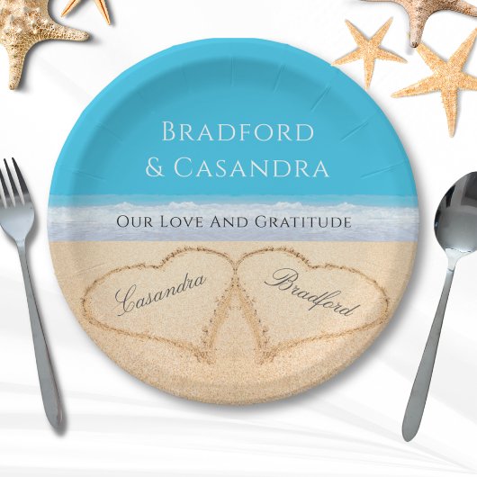 Blue Beach Wedding 2 Harten in zand paper P Papieren Bordje