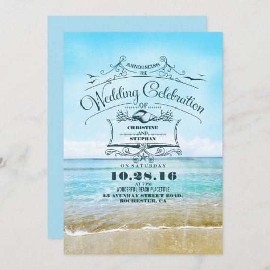 Blue Beach Wedding Aankondiging Uitnodigingen (Voorkant / Achterkant)