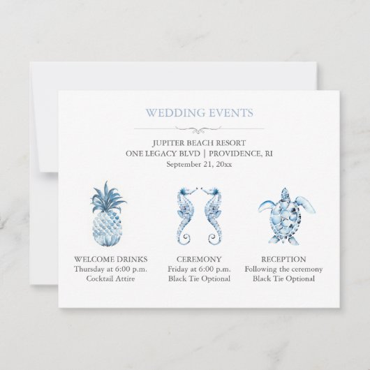 Blue Beach Wedding Event Details with QR Code Kaart (Voorkant)
