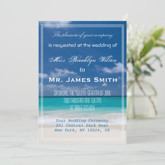 Blue Beach Wedding Invitations Kaart (Staand voorkant)
