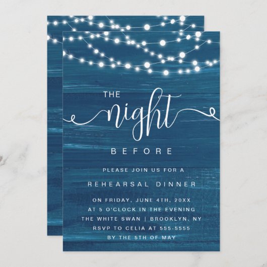 Blue Beach Wood Rehearsal Dinner Invitation Kaart (Voorkant / Achterkant)