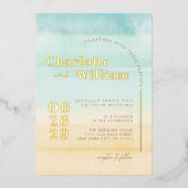 Blue Beach Zand Waterverf Bruiloft Folie Uitnodigi Folie Uitnodiging (Voorkant)