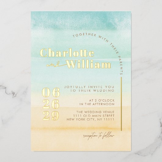 Blue Beach Zand Waterverf Bruiloft Folie Uitnodigi Folie Uitnodiging (Voorkant)