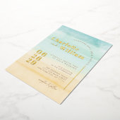 Blue Beach Zand Waterverf Bruiloft Folie Uitnodigi Folie Uitnodiging (Gedraaid)