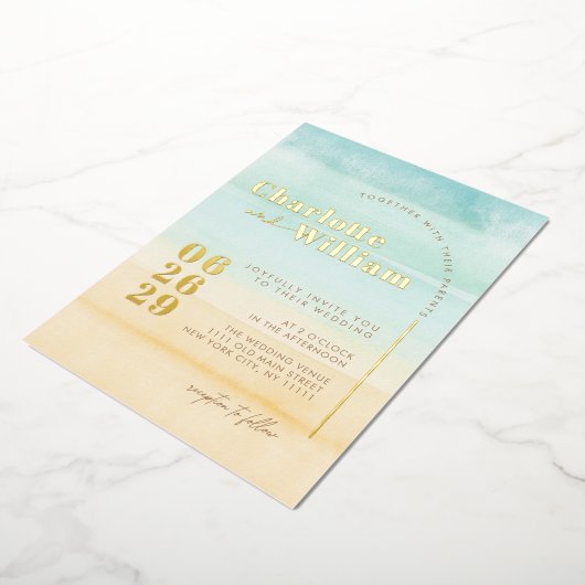 Blue Beach Zand Waterverf Bruiloft Folie Uitnodigi Folie Uitnodiging (Gedraaid)