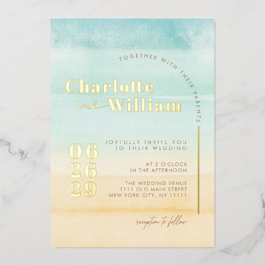 Blue Beach Zand Waterverf Bruiloft Folie Uitnodigi Uitnodiging (Voorkant)