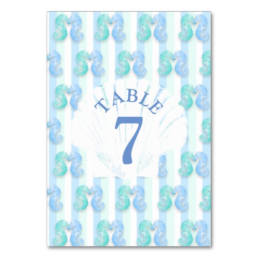 Blue Beachy Seahorse Wedding Table Number Kaart (Voorkant)
