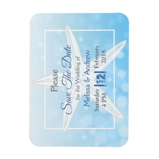Blue Beachy Starfish Wedding Save the Date Magnet Magneet (Verticaal)