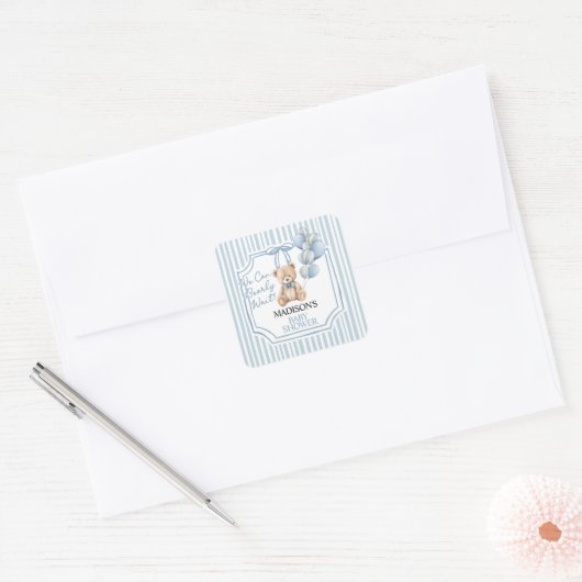 Blue Bear Baby Shower  Vierkante Sticker (Envelop)