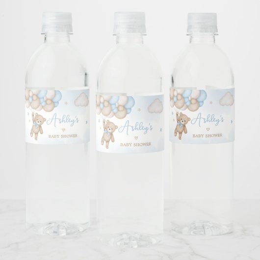 Blue Bear Balloons Baby Shower Waterfles Etiket (Flessen)