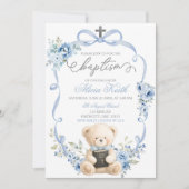 Blue Bear Baptism Bow Coquette Invitation Kaart (Voorkant)
