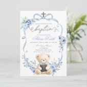Blue Bear Baptism Bow Coquette Invitation Kaart (Staand voorkant)